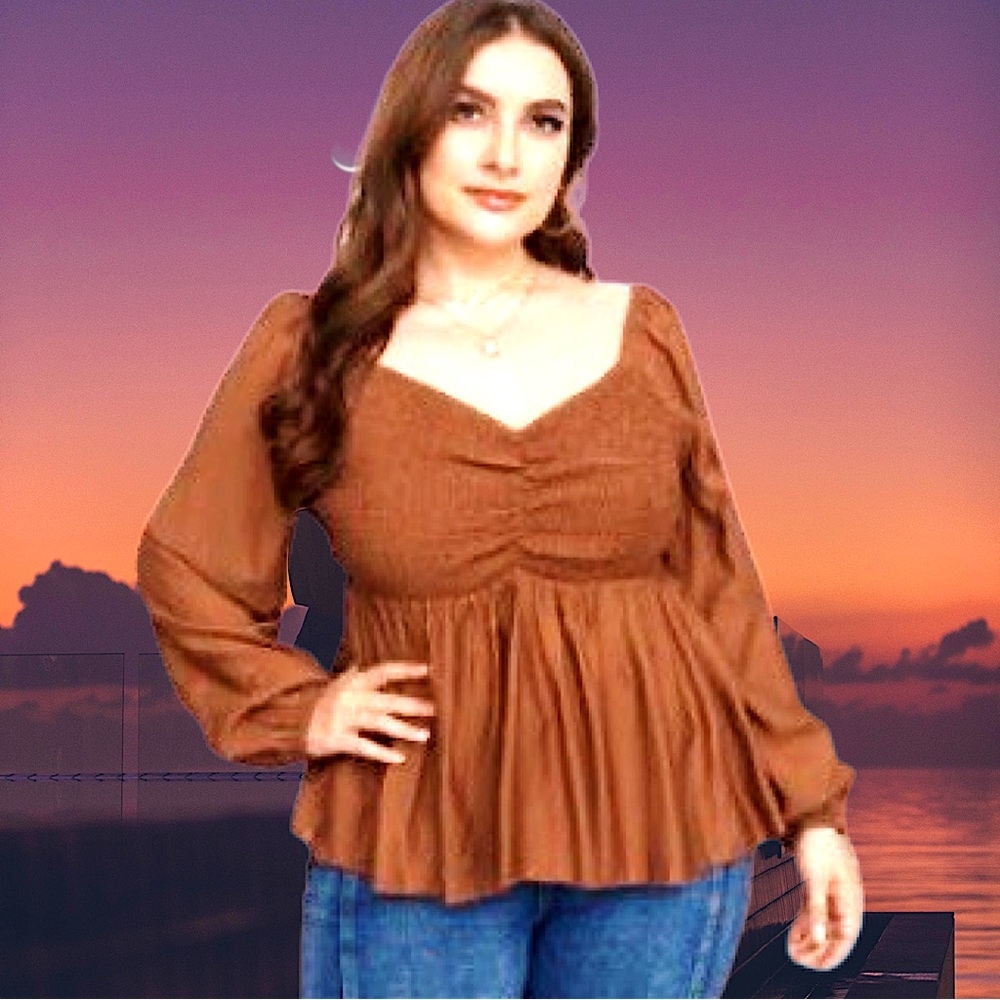 🆕Boutique Women’s Rust Brown Smocked-Bodice Puff-Sleeve Peplum Blouse Top❤️❤️3X